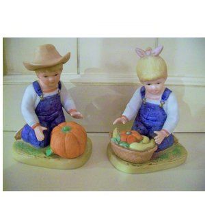 Home Interiors Denim Days Boy Girl / Pumpkins Fall Basket Wearing Overalls HOMCO